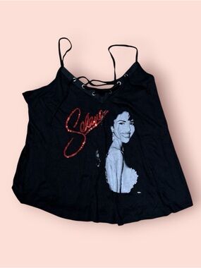Selena Black Lace-Up Graphic Cami Tank Top -